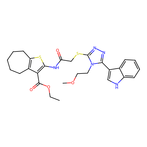 ethyl 2-(2-{[5-(1H-indol-3-yl)-4-(2-methoxyethyl)-4H-1,2,4-triazol-3-yl]sulfanyl}acetamido)-4H,5H,6H,7H,8H-cyclohepta[b]thiophene-3-carboxylate structure