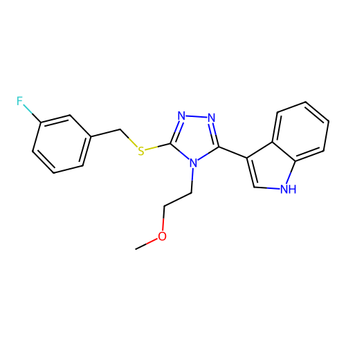 3-(5-((3-fluorobenzyl)thio)-4-(2-methoxyethyl)-4H-1,2,4-triazol-3-yl)-1H-indole structure