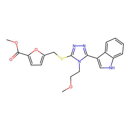 methyl 5-({[5-(1H-indol-3-yl)-4-(2-methoxyethyl)-4H-1,2,4-triazol-3-yl]sulfanyl}methyl)furan-2-carboxylate structure