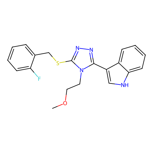 3-(5-((2-fluorobenzyl)thio)-4-(2-methoxyethyl)-4H-1,2,4-triazol-3-yl)-1H-indole structure