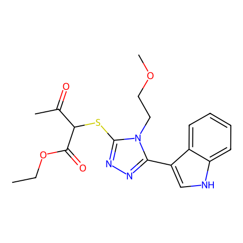 ethyl 2-((5-(1H-indol-3-yl)-4-(2-methoxyethyl)-4H-1,2,4-triazol-3-yl)thio)-3-oxobutanoate structure