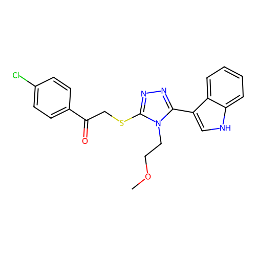 1-(4-chlorophenyl)-2-{[5-(1H-indol-3-yl)-4-(2-methoxyethyl)-4H-1,2,4-triazol-3-yl]sulfanyl}ethan-1-one structure