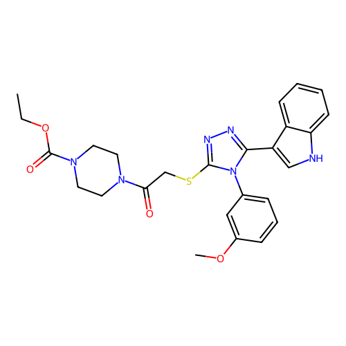 ethyl 4-(2-((5-(1H-indol-3-yl)-4-(3-methoxyphenyl)-4H-1,2,4-triazol-3-yl)thio)acetyl)piperazine-1-carboxylate structure