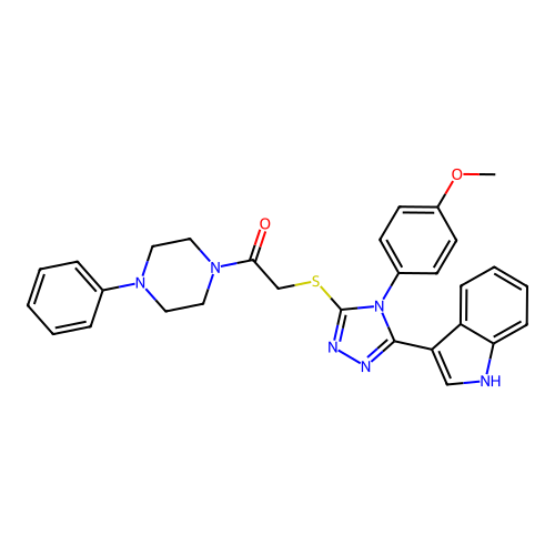 2-((5-(1H-indol-3-yl)-4-(4-methoxyphenyl)-4H-1,2,4-triazol-3-yl)thio)-1-(4-phenylpiperazin-1-yl)ethanone structure