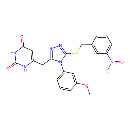 6-((4-(3-methoxyphenyl)-5-((3-nitrobenzyl)thio)-4H-1,2,4-triazol-3-yl)methyl)pyrimidine-2,4(1H,3H)-dione structure