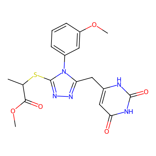 methyl 2-[[5-[(2,4-dioxo-1H-pyrimidin-6-yl)methyl]-4-(3-methoxyphenyl)-1,2,4-triazol-3-yl]sulfanyl]propanoate structure