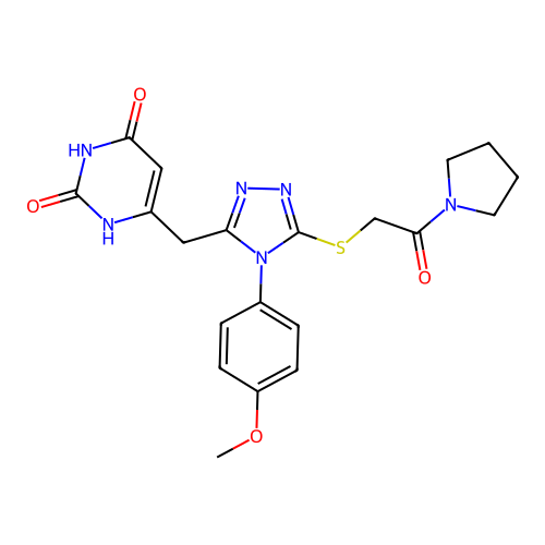 6-((4-(4-methoxyphenyl)-5-((2-oxo-2-(pyrrolidin-1-yl)ethyl)thio)-4H-1,2,4-triazol-3-yl)methyl)pyrimidine-2,4(1H,3H)-dione structure