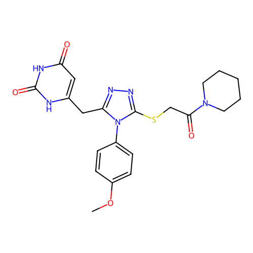 6-((4-(4-methoxyphenyl)-5-((2-oxo-2-(piperidin-1-yl)ethyl)thio)-4H-1,2,4-triazol-3-yl)methyl)pyrimidine-2,4(1H,3H)-dione structure