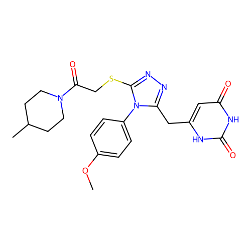 6-((4-(4-methoxyphenyl)-5-((2-(4-methylpiperidin-1-yl)-2-oxoethyl)thio)-4H-1,2,4-triazol-3-yl)methyl)pyrimidine-2,4(1H,3H)-dione structure