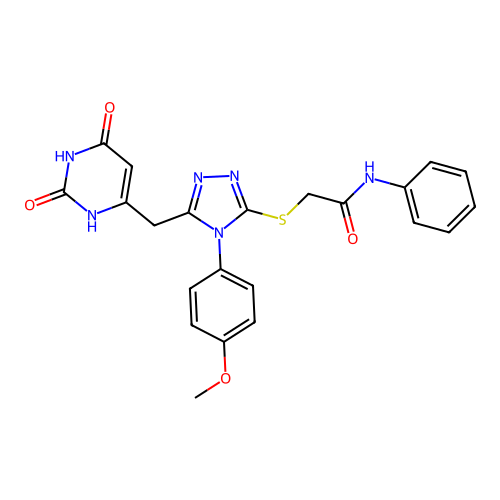 2-[[5-[(2,4-dioxo-1H-pyrimidin-6-yl)methyl]-4-(4-methoxyphenyl)-1,2,4-triazol-3-yl]sulfanyl]-N-phenylacetamide structure