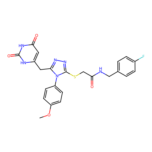 2-((5-((2,6-dioxo-1,2,3,6-tetrahydropyrimidin-4-yl)methyl)-4-(4-methoxyphenyl)-4H-1,2,4-triazol-3-yl)thio)-N-(4-fluorobenzyl)acetamide structure