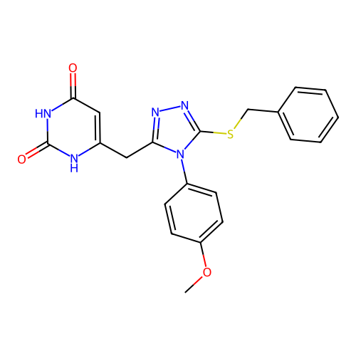 6-[[5-benzylsulfanyl-4-(4-methoxyphenyl)-1,2,4-triazol-3-yl]methyl]-1H-pyrimidine-2,4-dione structure