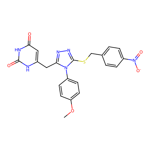 6-((4-(4-methoxyphenyl)-5-((4-nitrobenzyl)thio)-4H-1,2,4-triazol-3-yl)methyl)pyrimidine-2,4(1H,3H)-dione structure