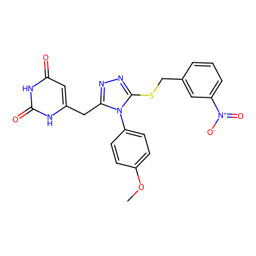 6-((4-(4-methoxyphenyl)-5-((3-nitrobenzyl)thio)-4H-1,2,4-triazol-3-yl)methyl)pyrimidine-2,4(1H,3H)-dione structure
