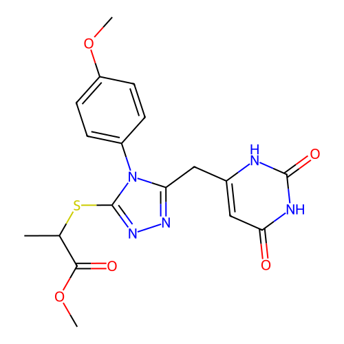 methyl 2-((5-((2,6-dioxo-1,2,3,6-tetrahydropyrimidin-4-yl)methyl)-4-(4-methoxyphenyl)-4H-1,2,4-triazol-3-yl)thio)propanoate structure