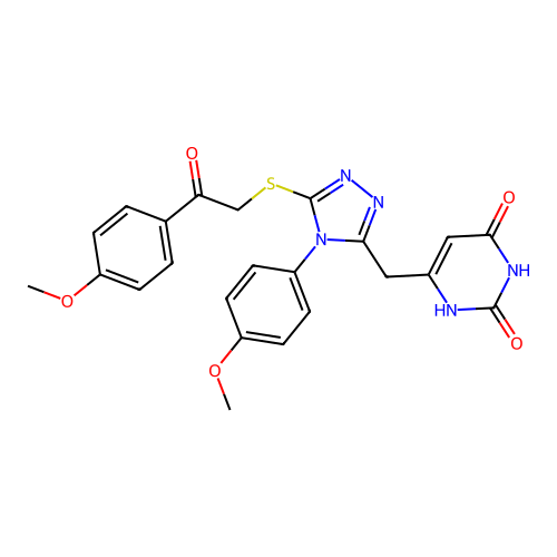 6-((4-(4-methoxyphenyl)-5-((2-(4-methoxyphenyl)-2-oxoethyl)thio)-4H-1,2,4-triazol-3-yl)methyl)pyrimidine-2,4(1H,3H)-dione structure