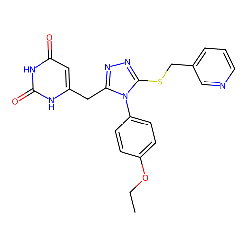 6-((4-(4-ethoxyphenyl)-5-((pyridin-3-ylmethyl)thio)-4H-1,2,4-triazol-3-yl)methyl)pyrimidine-2,4(1H,3H)-dione structure