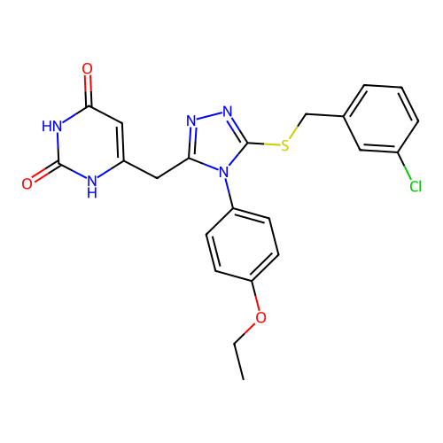 6-((5-((3-chlorobenzyl)thio)-4-(4-ethoxyphenyl)-4H-1,2,4-triazol-3-yl)methyl)pyrimidine-2,4(1H,3H)-dione structure