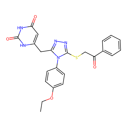 6-[[4-(4-ethoxyphenyl)-5-phenacylsulfanyl-1,2,4-triazol-3-yl]methyl]-1H-pyrimidine-2,4-dione structure