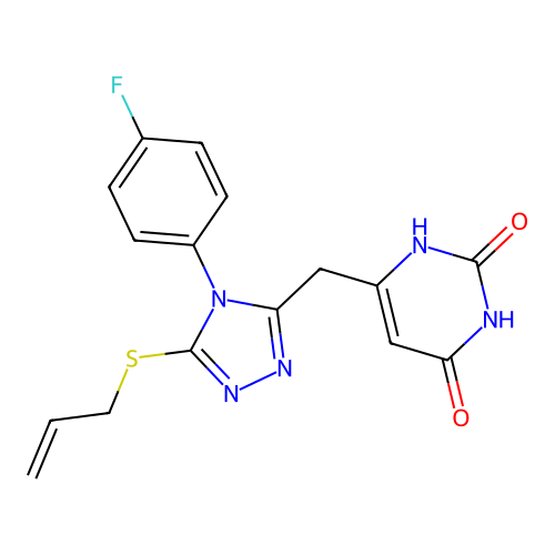 6-((5-(allylthio)-4-(4-fluorophenyl)-4H-1,2,4-triazol-3-yl)methyl)pyrimidine-2,4(1H,3H)-dione structure