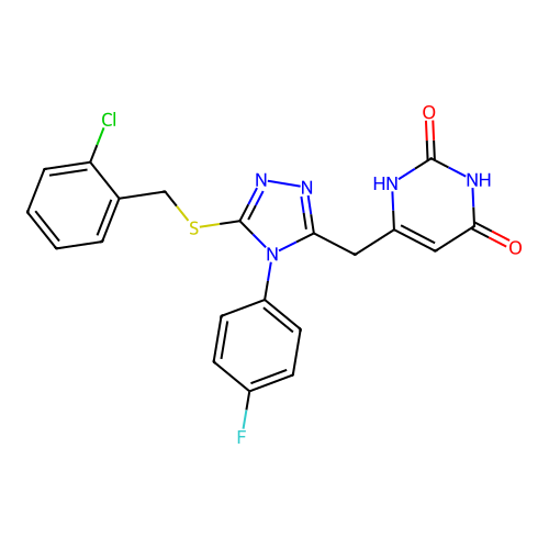 6-((5-((2-chlorobenzyl)thio)-4-(4-fluorophenyl)-4H-1,2,4-triazol-3-yl)methyl)pyrimidine-2,4(1H,3H)-dione structure