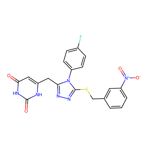 6-((4-(4-fluorophenyl)-5-((3-nitrobenzyl)thio)-4H-1,2,4-triazol-3-yl)methyl)pyrimidine-2,4(1H,3H)-dione structure
