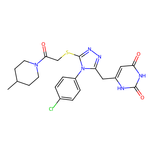 6-((4-(4-chlorophenyl)-5-((2-(4-methylpiperidin-1-yl)-2-oxoethyl)thio)-4H-1,2,4-triazol-3-yl)methyl)pyrimidine-2,4(1H,3H)-dione structure