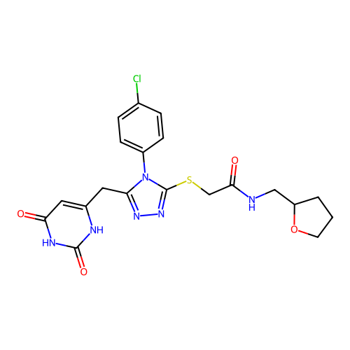 2-[[4-(4-chlorophenyl)-5-[(2,4-dioxo-1H-pyrimidin-6-yl)methyl]-1,2,4-triazol-3-yl]sulfanyl]-N-(oxolan-2-ylmethyl)acetamide structure