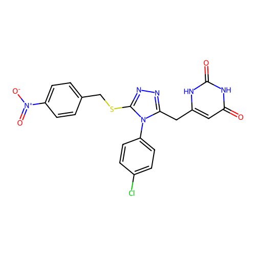 6-((4-(4-chlorophenyl)-5-((4-nitrobenzyl)thio)-4H-1,2,4-triazol-3-yl)methyl)pyrimidine-2,4(1H,3H)-dione structure
