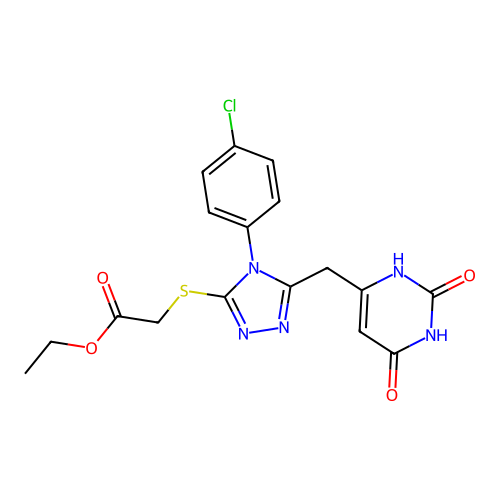 ethyl 2-((4-(4-chlorophenyl)-5-((2,6-dioxo-1,2,3,6-tetrahydropyrimidin-4-yl)methyl)-4H-1,2,4-triazol-3-yl)thio)acetate structure