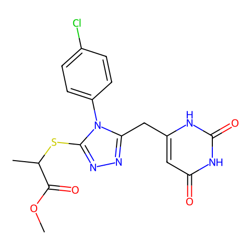 methyl 2-[[4-(4-chlorophenyl)-5-[(2,4-dioxo-1H-pyrimidin-6-yl)methyl]-1,2,4-triazol-3-yl]sulfanyl]propanoate structure