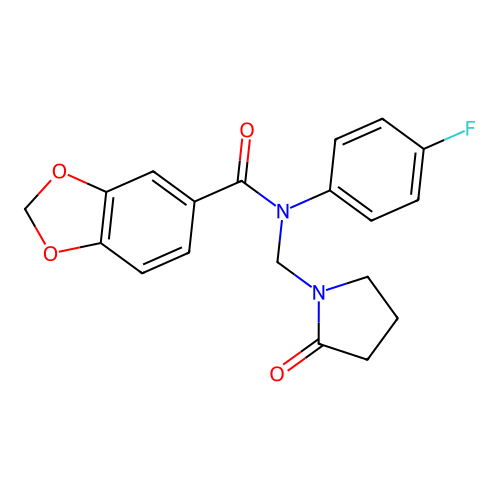 N-(4-fluorophenyl)-N-[(2-oxopyrrolidin-1-yl)methyl]-1,3-benzodioxole-5-carboxamide structure