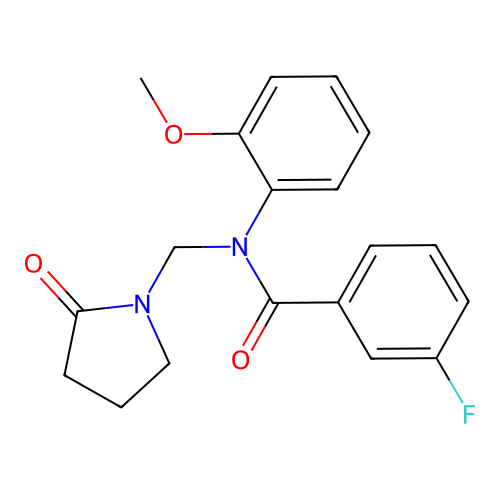 3-fluoro-N-(2-methoxyphenyl)-N-[(2-oxopyrrolidin-1-yl)methyl]benzamide structure