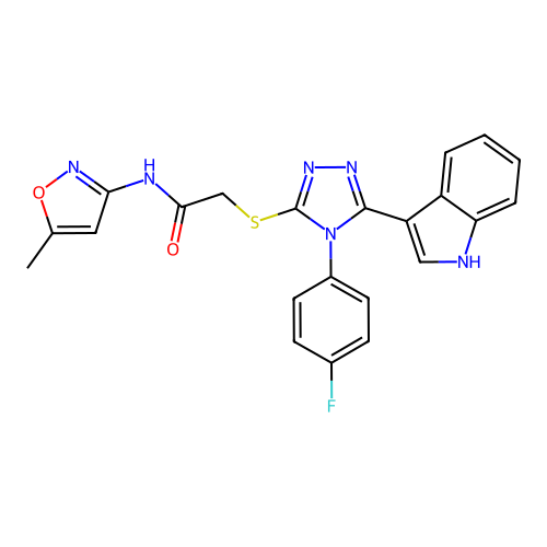 2-{[4-(4-fluorophenyl)-5-(1H-indol-3-yl)-4H-1,2,4-triazol-3-yl]sulfanyl}-N-(5-methyl-1,2-oxazol-3-yl)acetamide structure