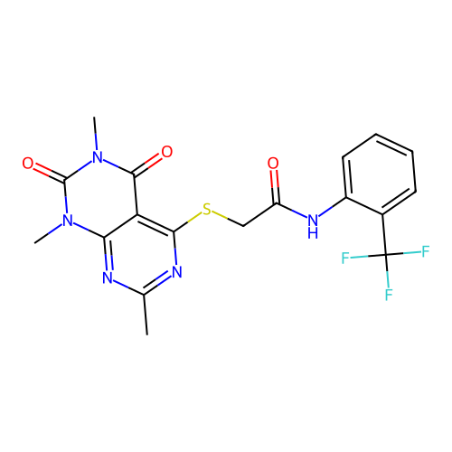 N-(2-(trifluoromethyl)phenyl)-2-((2,6,8-trimethyl-5,7-dioxo-5,6,7,8-tetrahydropyrimido[4,5-d]pyrimidin-4-yl)thio)acetamide structure
