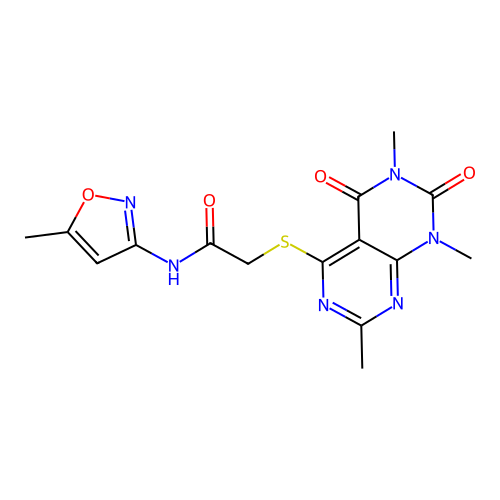 N-(5-methylisoxazol-3-yl)-2-((2,6,8-trimethyl-5,7-dioxo-5,6,7,8-tetrahydropyrimido[4,5-d]pyrimidin-4-yl)thio)acetamide structure