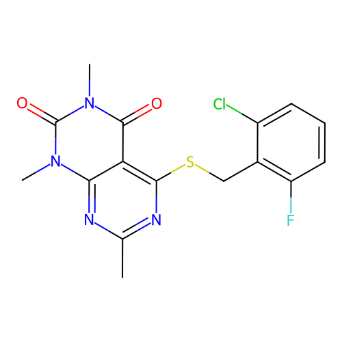 5-[(2-chloro-6-fluorophenyl)methylsulfanyl]-1,3,7-trimethylpyrimido[4,5-d]pyrimidine-2,4-dione structure