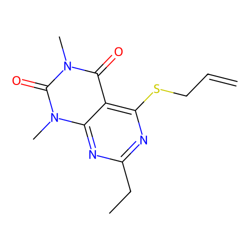 5-(allylthio)-7-ethyl-1,3-dimethylpyrimido[4,5-d]pyrimidine-2,4(1H,3H)-dione structure