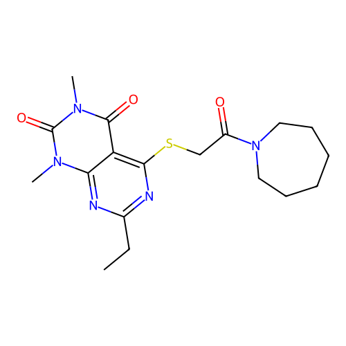 5-[2-(azepan-1-yl)-2-oxoethyl]sulfanyl-7-ethyl-1,3-dimethylpyrimido[4,5-d]pyrimidine-2,4-dione structure