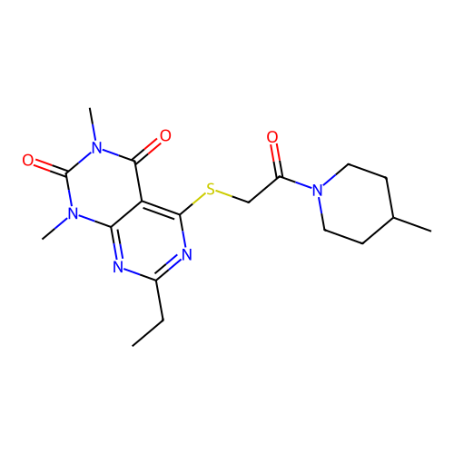 7-ethyl-1,3-dimethyl-5-[2-(4-methylpiperidin-1-yl)-2-oxoethyl]sulfanylpyrimido[4,5-d]pyrimidine-2,4-dione structure