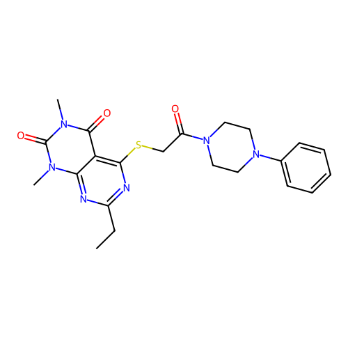 7-ethyl-1,3-dimethyl-5-((2-oxo-2-(4-phenylpiperazin-1-yl)ethyl)thio)pyrimido[4,5-d]pyrimidine-2,4(1H,3H)-dione structure