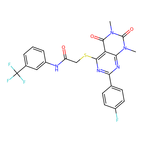 2-((2-(4-fluorophenyl)-6,8-dimethyl-5,7-dioxo-5,6,7,8-tetrahydropyrimido[4,5-d]pyrimidin-4-yl)thio)-N-(3-(trifluoromethyl)phenyl)acetamide structure