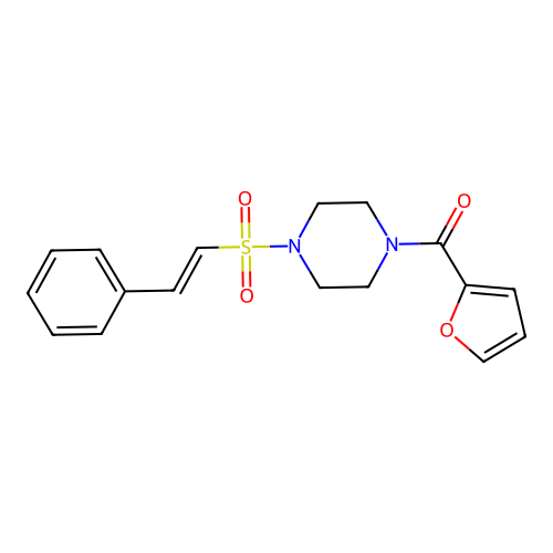 furan-2-yl-[4-[(E)-2-phenylethenyl]sulfonylpiperazin-1-yl]methanone structure