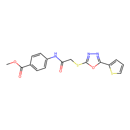 Methyl 4-(2-{[5-(thiophen-2-yl)-1,3,4-oxadiazol-2-yl]sulfanyl}acetamido)benzoate structure