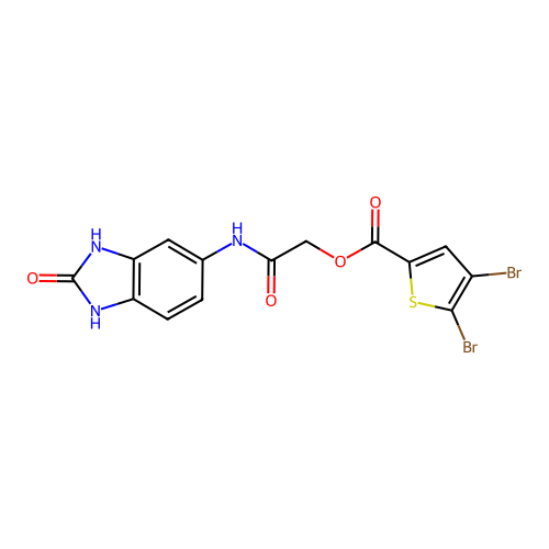 [(2-oxo-2,3-dihydro-1H-1,3-benzodiazol-5-yl)carbamoyl]methyl 4,5-dibromothiophene-2-carboxylate structure