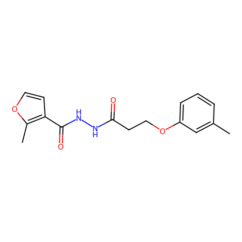 2-methyl-N'-[3-(3-methylphenoxy)propanoyl]furan-3-carbohydrazide structure