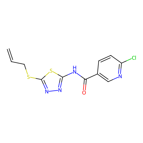 6-chloro-N-(5-prop-2-enylsulfanyl-1,3,4-thiadiazol-2-yl)pyridine-3-carboxamide structure