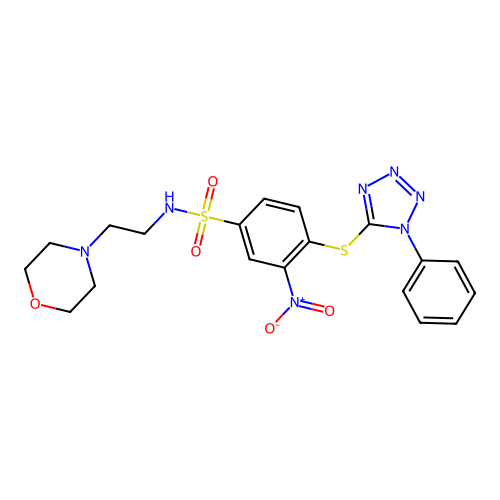 N-(2-morpholin-4-ylethyl)-3-nitro-4-(1-phenyltetrazol-5-yl)sulfanylbenzenesulfonamide structure