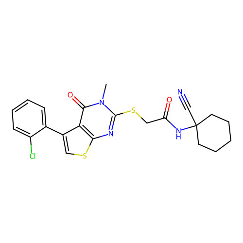2-[5-(2-chlorophenyl)-3-methyl-4-oxothieno[2,3-d]pyrimidin-2-yl]sulfanyl-N-(1-cyanocyclohexyl)acetamide structure