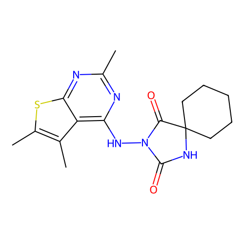 3-[(2,5,6-trimethylthieno[2,3-d]pyrimidin-4-yl)amino]-1,3-diazaspiro[4.5]decane-2,4-dione structure